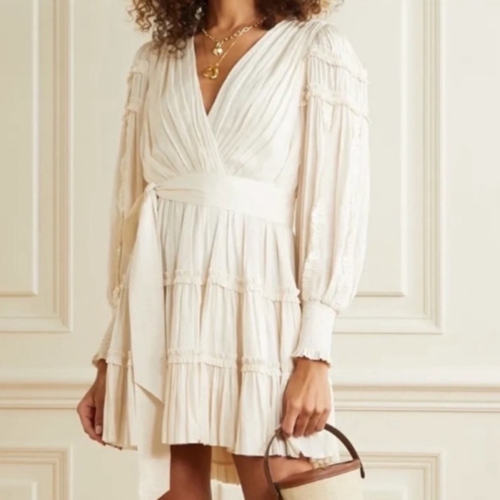 Ulla Johnson Amal Ivory Silky Ruffle Long Sleeve Wrap Top Boho Mini Dress Sz 8‎